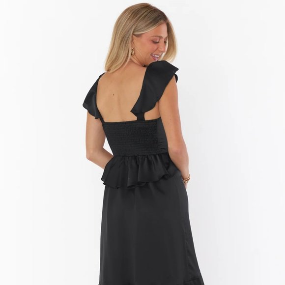NWT Show Me Your Mumu Reese Ruffle Dress (black luxe satin) - Picture 4 of 4